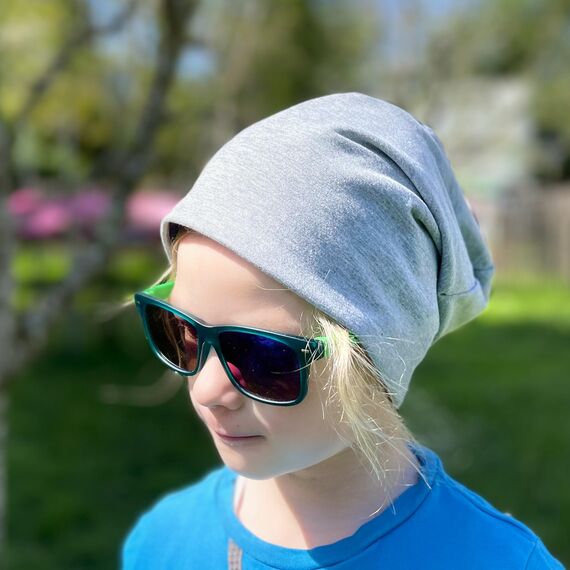 Wollhuhn ÖKO Wärmere Mädchen/Jungen Lässige Lines Long-Beanie/Wende-Mütze Ganzjährig (aus Öko-Stoffen, Bio) 20022002 (Lines schwarz/grau, XS)