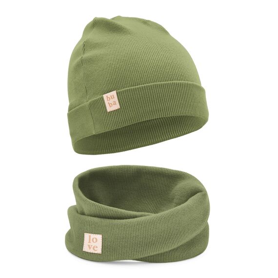 Bubalove Mützen und Schalset für Jungen, Mädchen, Baby, Größen 0mc bis 12 Jahre+ viele Farben, Frühlings-, Herbstsets, Baumwollmützen, handgenäht (52-56, Oliv)
