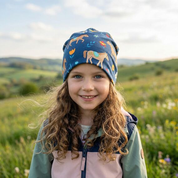 Wollhuhn Kinder Beanie – Zweilagige Longbeanie aus Jersey, wendbar & weich – innen grau – Handmade in Deutschland – ganzjährig (DE/NL/SE/PL, Numerisch, 48, 50, Pony/Pferde Blau)
