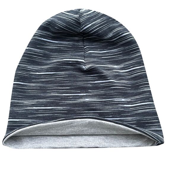 Wollhuhn ÖKO Wärmere Mädchen/Jungen Lässige Lines Long-Beanie/Wende-Mütze Ganzjährig (aus Öko-Stoffen, Bio) 20022002 (Lines schwarz/grau, XS)
