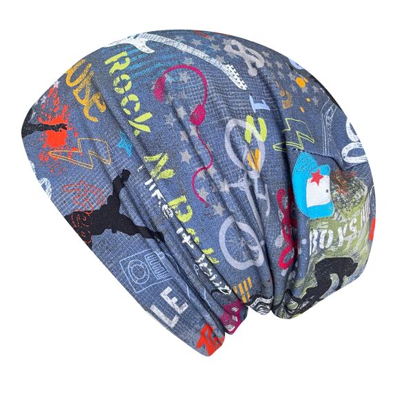 Wollhuhn Kinder Beanie – Zweilagige Longbeanie aus Jersey, wendbar & weich – innen grau – Handmade in Deutschland – ganzjährig (DE/NL/SE/PL, Numerisch, 48, 50, Cool Stuff Jeansblau/Bunt)