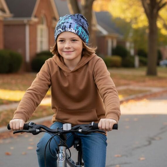 Wollhuhn Kinder Beanie – Zweilagige Longbeanie aus Jersey, wendbar & weich – innen grau – Handmade in Deutschland – ganzjährig (DE/NL/SE/PL, Numerisch, 48, 50, Skater Blau)