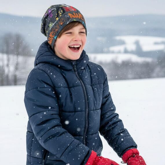 Wollhuhn Kinder Beanie – Zweilagige Longbeanie aus Jersey, wendbar & weich – innen grau – Handmade in Deutschland – ganzjährig (DE/NL/SE/PL, Numerisch, 52, 54, Cool Stuff Anthrazit/Bunt)