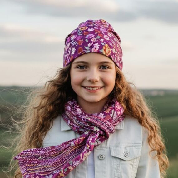 Wollhuhn Kinder Beanie – Zweilagige Longbeanie aus Jersey, wendbar & weich – innen grau – Handmade in Deutschland – ganzjährig (DE/NL/SE/PL, Numerisch, 52, 54, Blumen Beere)