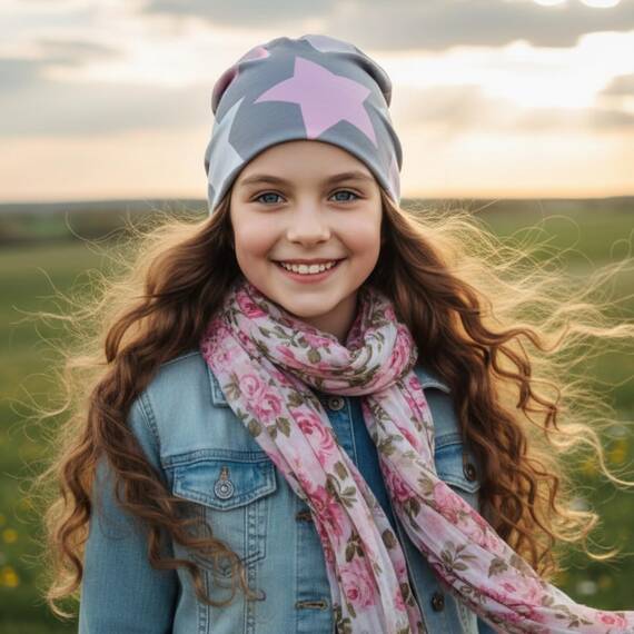 Wollhuhn Kinder Beanie – Zweilagige Longbeanie aus Jersey, wendbar & weich – innen grau – Handmade in Deutschland – ganzjährig (DE/NL/SE/PL, Numerisch, 52, 54, Big Stars grau/rosa/pink)