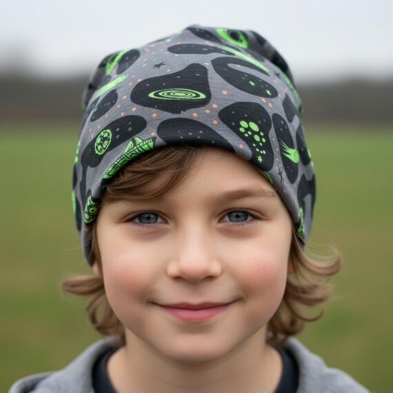 Wollhuhn Kinder Beanie – Zweilagige Longbeanie aus Jersey, wendbar & weich – innen grau – Handmade in Deutschland – ganzjährig (DE/NL/SE/PL, Numerisch, 52, 54, Space Neon Grün)