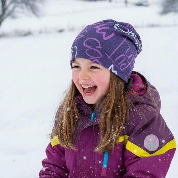 Wollhuhn Kinder Beanie – Zweilagige Longbeanie aus Jersey, wendbar & weich – innen grau – Handmade in Deutschland – ganzjährig (DE/NL/SE/PL, Numerisch, 52, 54, Cool Music Violett/Lila)