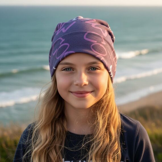 Wollhuhn Kinder Beanie – Zweilagige Longbeanie aus Jersey, wendbar & weich – innen grau – Handmade in Deutschland – ganzjährig (DE/NL/SE/PL, Numerisch, 52, 54, Cool Music Violett/Lila)