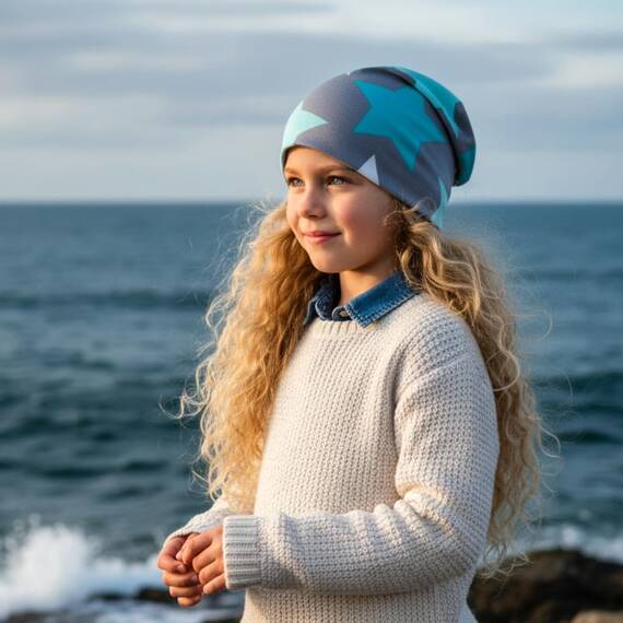 Wollhuhn Kinder Beanie – Zweilagige Longbeanie aus Jersey, wendbar & weich – innen grau – Handmade in Deutschland – ganzjährig (DE/NL/SE/PL, Numerisch, 52, 54, Big Stars Grau/Mint)
