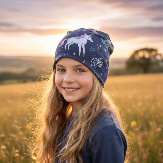 Wollhuhn Kinder Beanie – Zweilagige Longbeanie aus Jersey, wendbar & weich – innen grau – Handmade in Deutschland – ganzjährig (DE/NL/SE/PL, Numerisch, 52, 54, Einhörner Dunkelblau)
