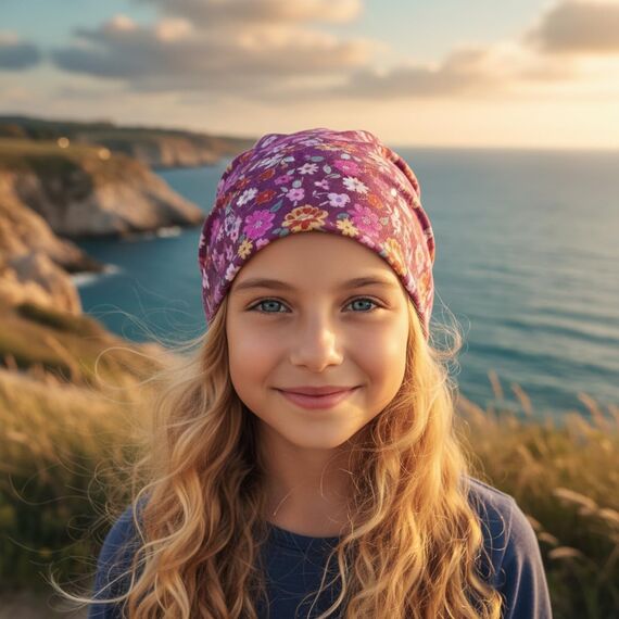 Wollhuhn Kinder Beanie – Zweilagige Longbeanie aus Jersey, wendbar & weich – innen grau – Handmade in Deutschland – ganzjährig (DE/NL/SE/PL, Numerisch, 52, 54, Blumen Beere)