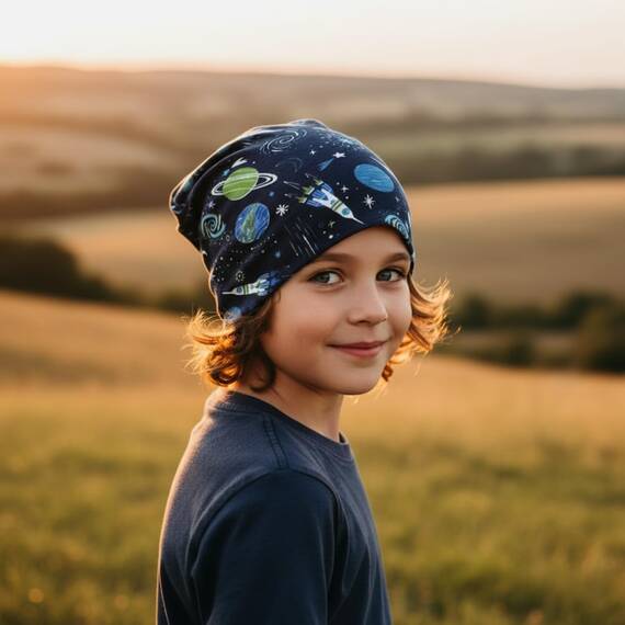Wollhuhn Kinder Beanie – Zweilagige Longbeanie aus Jersey, wendbar & weich – innen grau – Handmade in Deutschland – ganzjährig (DE/NL/SE/PL, Numerisch, 56, 58, Space/Rakete Dunkelblau)