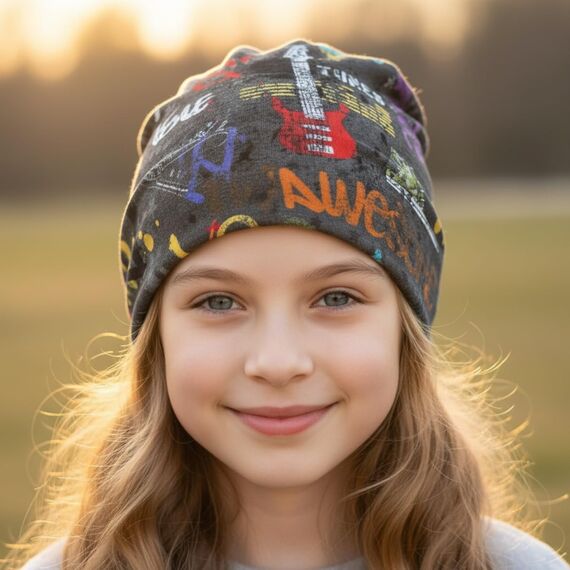 Wollhuhn Kinder Beanie – Zweilagige Longbeanie aus Jersey, wendbar & weich – innen grau – Handmade in Deutschland – ganzjährig (DE/NL/SE/PL, Numerisch, 52, 54, Cool Stuff Anthrazit/Bunt)