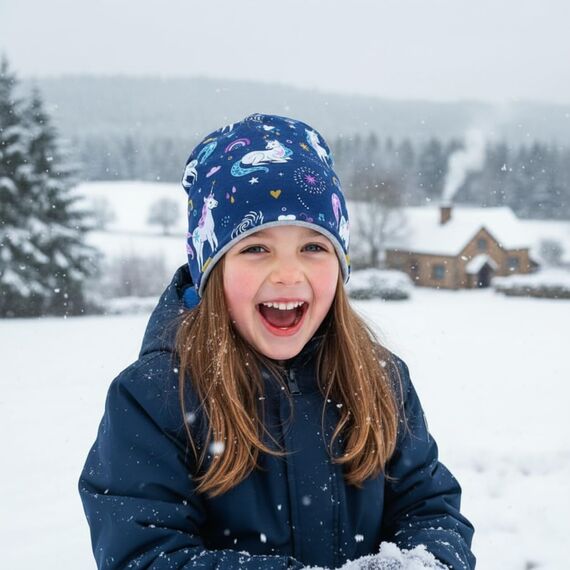 Wollhuhn Kinder Beanie – Zweilagige Longbeanie aus Jersey, wendbar & weich – innen grau – Handmade in Deutschland – ganzjährig (DE/NL/SE/PL, Numerisch, 52, 54, Einhörner Dunkelblau)