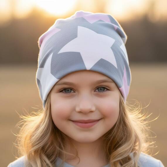 Wollhuhn Kinder Beanie – Zweilagige Longbeanie aus Jersey, wendbar & weich – innen grau – Handmade in Deutschland – ganzjährig (DE/NL/SE/PL, Numerisch, 52, 54, Big Stars grau/rosa/pink)