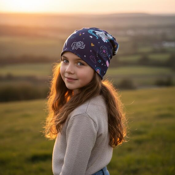 Wollhuhn Kinder Beanie – Zweilagige Longbeanie aus Jersey, wendbar & weich – innen grau – Handmade in Deutschland – ganzjährig (DE/NL/SE/PL, Numerisch, 52, 54, Einhörner Dunkelblau)