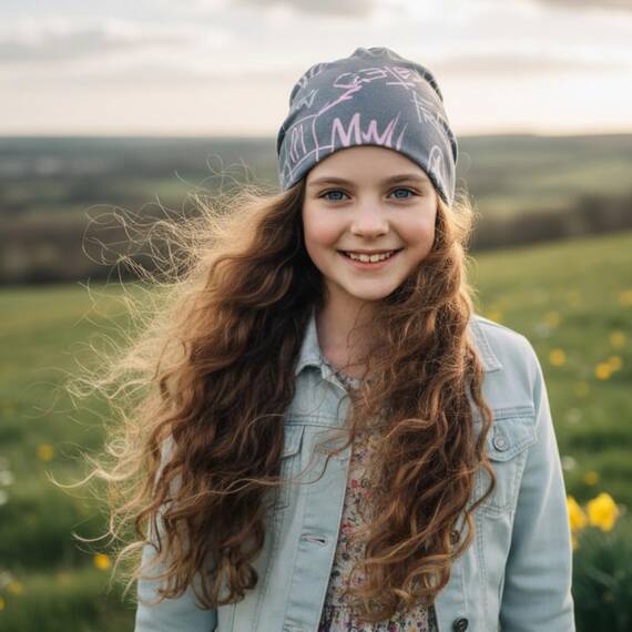 Wollhuhn Kinder Beanie – Zweilagige Longbeanie aus Jersey, wendbar & weich – mit Grauer Innenseite – Handmade in Deutschland – ganzjährig tragbar (Cool Music Grau, M)