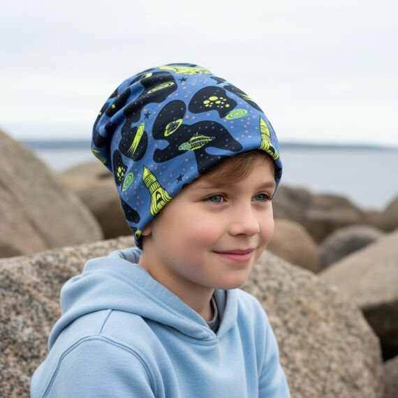 Wollhuhn Kinder Beanie – Zweilagige Longbeanie aus Jersey, wendbar & weich – innen grau – Handmade in Deutschland – ganzjährig (DE/NL/SE/PL, Numerisch, 56, 58, Space Neon Gelb)