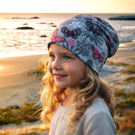 Wollhuhn Kinder Beanie – Zweilagige Longbeanie aus Jersey, wendbar & weich – mit Grauer Innenseite – Handmade in Deutschland – ganzjährig tragbar (Schmetterlinge Grau, L)