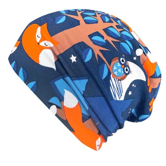 Wollhuhn Kinder Beanie – Zweilagige Longbeanie aus Jersey, wendbar & weich – innen grau – Handmade in Deutschland – ganzjährig (DE/NL/SE/PL, Numerisch, 48, 50, Nightfox Dunkelblau/Orange)