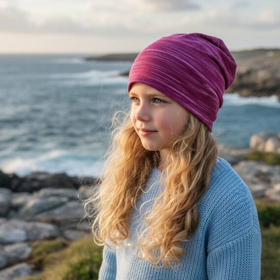 Wollhuhn Kinder Beanie – Zweilagige Longbeanie aus Jersey, wendbar & weich – innen grau – Handmade in Deutschland – ganzjährig (DE/NL/SE/PL, Numerisch, 52, 54, Lines Beere)
