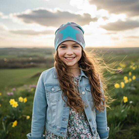 Wollhuhn Kinder Beanie – Zweilagige Longbeanie aus Jersey, wendbar & weich – innen grau – Handmade in Deutschland – ganzjährig (DE/NL/SE/PL, Numerisch, 52, 54, Big Stars Grau/Mint)