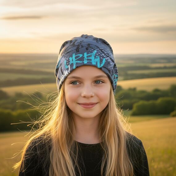 Wollhuhn Kinder Beanie – Zweilagige Longbeanie aus Jersey, wendbar & weich – innen grau – Handmade in Deutschland – ganzjährig (DE/NL/SE/PL, Numerisch, 48, 50, Skater Blau)