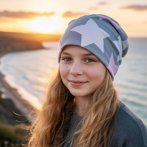 Wollhuhn Kinder Beanie – Zweilagige Longbeanie aus Jersey, wendbar & weich – innen grau – Handmade in Deutschland – ganzjährig (DE/NL/SE/PL, Numerisch, 56, 58, Big Stars grau/rosa/pink)