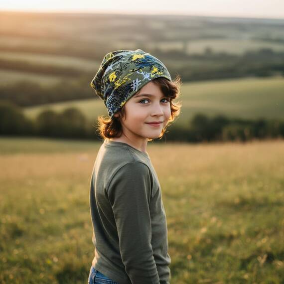 Wollhuhn Kinder Beanie – Zweilagige Longbeanie aus Jersey, wendbar & weich – mit Grauer Innenseite – Handmade in Deutschland – ganzjährig tragbar (Graffiti Oliv/Gelb, L)