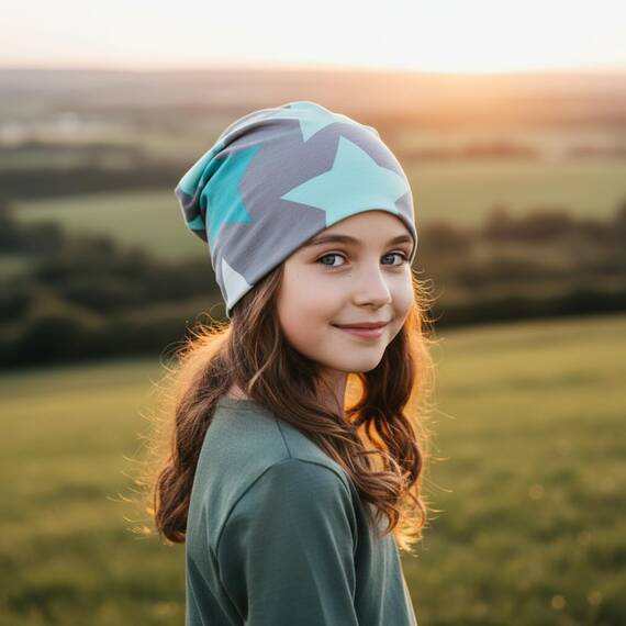Wollhuhn Kinder Beanie – Zweilagige Longbeanie aus Jersey, wendbar & weich – innen grau – Handmade in Deutschland – ganzjährig (DE/NL/SE/PL, Numerisch, 52, 54, Big Stars Grau/Mint)