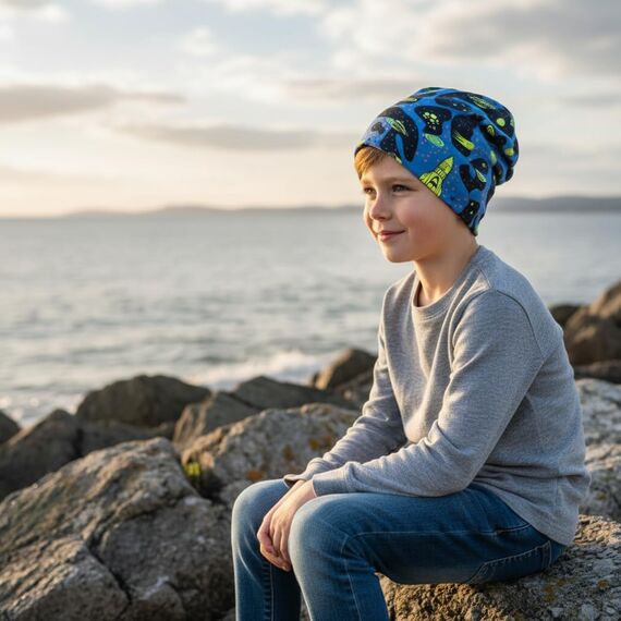 Wollhuhn Kinder Beanie – Zweilagige Longbeanie aus Jersey, wendbar & weich – innen grau – Handmade in Deutschland – ganzjährig (DE/NL/SE/PL, Numerisch, 52, 54, Space Neon Gelb)