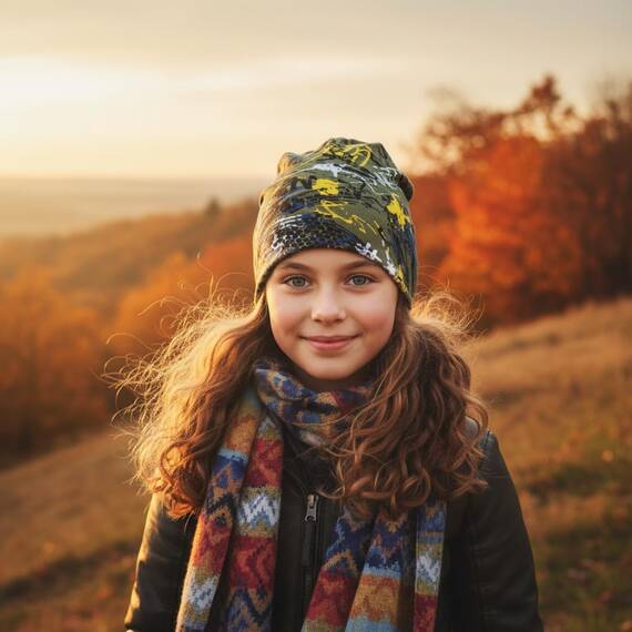Wollhuhn Kinder Beanie – Zweilagige Longbeanie aus Jersey, wendbar & weich – mit Grauer Innenseite – Handmade in Deutschland – ganzjährig tragbar (Graffiti Oliv/Gelb, L)