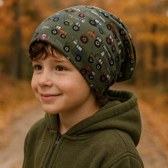Wollhuhn Kinder Beanie – Zweilagige Longbeanie aus Jersey, wendbar & weich – innen grau – Handmade in Deutschland – ganzjährig (DE/NL/SE/PL, Numerisch, 52, 54, Trecker Grün/Bunt)