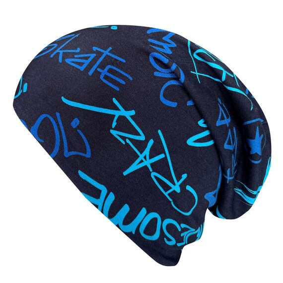 Wollhuhn Kinder Beanie – Zweilagige Longbeanie aus Jersey, wendbar & weich – innen grau – Handmade in Deutschland – ganzjährig (DE/NL/SE/PL, Numerisch, 52, 54, Cool Music Blautöne)