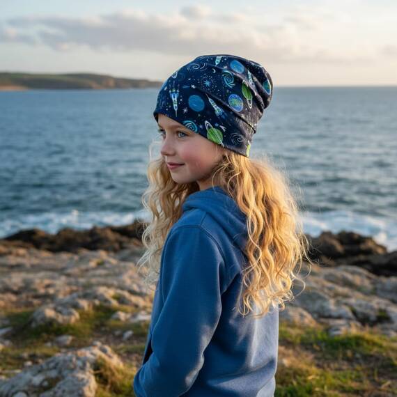 Wollhuhn Kinder Beanie – Zweilagige Longbeanie aus Jersey, wendbar & weich – innen grau – Handmade in Deutschland – ganzjährig (DE/NL/SE/PL, Numerisch, 56, 58, Space/Rakete Dunkelblau)