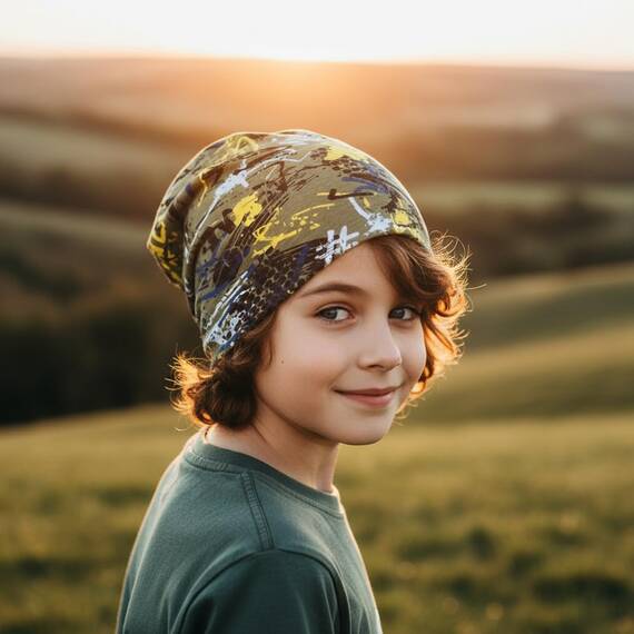 Wollhuhn Kinder Beanie – Zweilagige Longbeanie aus Jersey, wendbar & weich – mit Grauer Innenseite – Handmade in Deutschland – ganzjährig tragbar (Graffiti Oliv/Gelb, L)