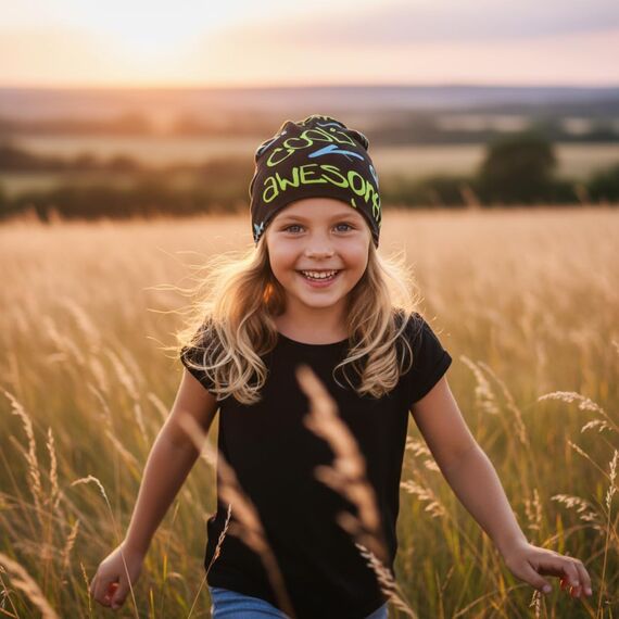 Wollhuhn Kinder Beanie – Zweilagige Longbeanie aus Jersey, wendbar & weich – innen grau – Handmade in Deutschland – ganzjährig (DE/NL/SE/PL, Numerisch, 56, 58, COOL Music schwarz/blau/grün)