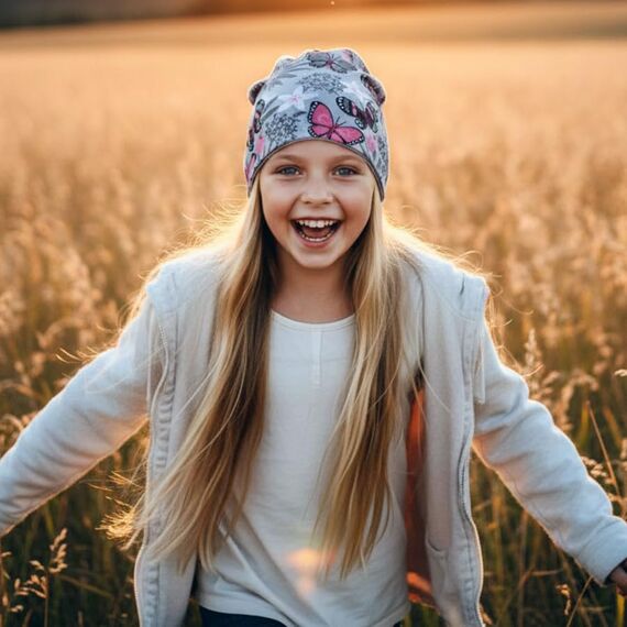 Wollhuhn Kinder Beanie – Zweilagige Longbeanie aus Jersey, wendbar & weich – mit Grauer Innenseite – Handmade in Deutschland – ganzjährig tragbar (Schmetterlinge Grau, L)