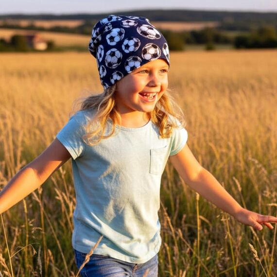 Wollhuhn Kinder Beanie – Zweilagige Longbeanie aus Jersey, wendbar & weich – innen grau – Handmade in Deutschland – ganzjährig (DE/NL/SE/PL, Numerisch, 52, 54, Fußball Dunkelblau)