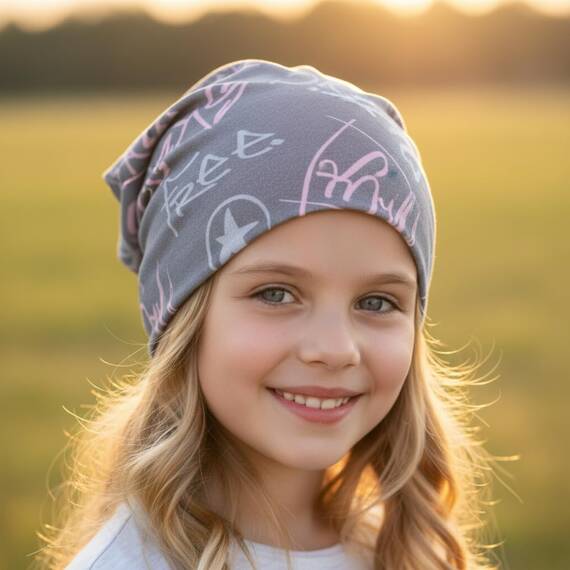 Wollhuhn Kinder Beanie – Zweilagige Longbeanie aus Jersey, wendbar & weich – mit Grauer Innenseite – Handmade in Deutschland – ganzjährig tragbar (Cool Music Grau, M)
