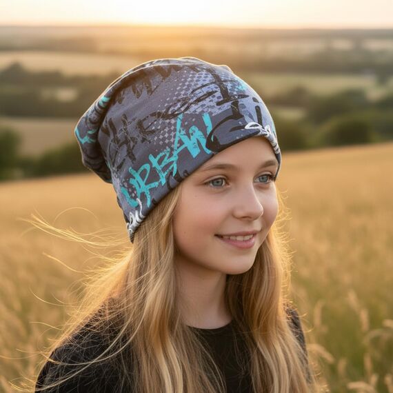 Wollhuhn Kinder Beanie – Zweilagige Longbeanie aus Jersey, wendbar & weich – innen grau – Handmade in Deutschland – ganzjährig (DE/NL/SE/PL, Numerisch, 48, 50, Skater Blau)