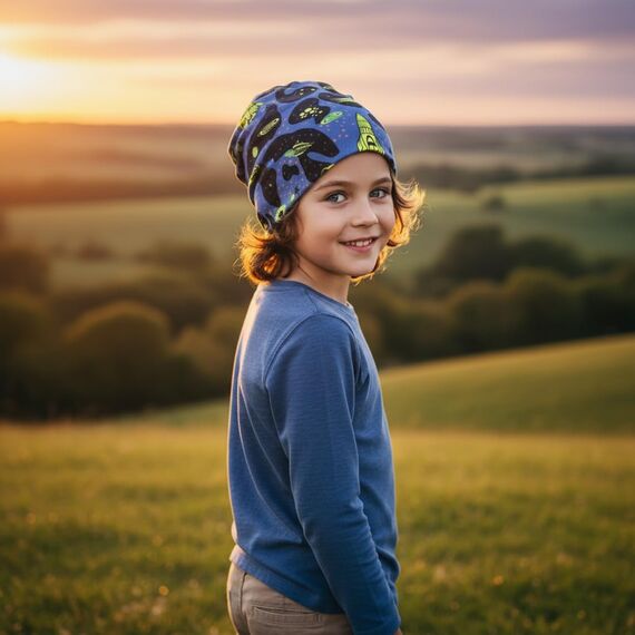 Wollhuhn Kinder Beanie – Zweilagige Longbeanie aus Jersey, wendbar & weich – innen grau – Handmade in Deutschland – ganzjährig (DE/NL/SE/PL, Numerisch, 48, 50, Space Neon Gelb)