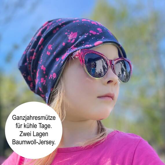Wollhuhn Kinder Beanie – Zweilagige Longbeanie aus Jersey, wendbar & weich – innen grau – Handmade in Deutschland – ganzjährig (DE/NL/SE/PL, Numerisch, 48, 50, Pony/Pferde Jeansblau)