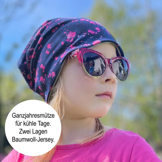 Wollhuhn Kinder Beanie – Zweilagige Longbeanie aus Jersey, wendbar & weich – innen grau – Handmade in Deutschland – ganzjährig (DE/NL/SE/PL, Numerisch, 48, 50, Blumen Zartblau)