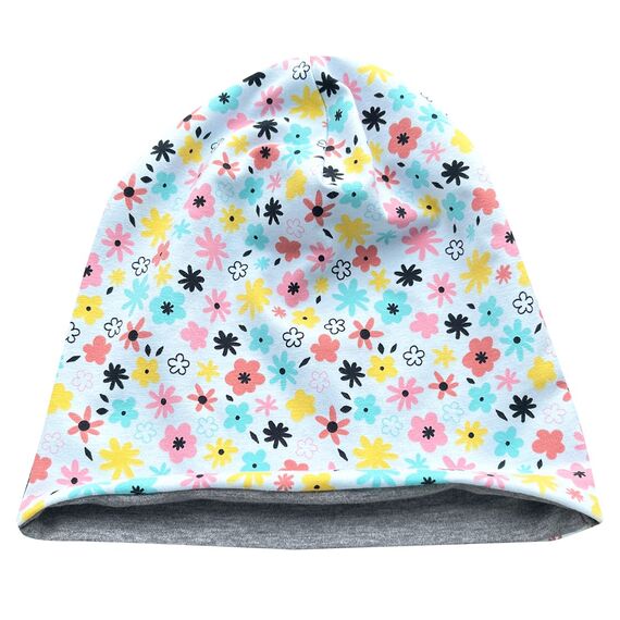 Wollhuhn ÖKO Jungen/Mädchen Bequeme Weiche Long Beanie/Mütze/Kinder-Mütze Jersey Gefüttert (Öko-Stoffe/Bio) 20220620 (Blümchen Hellblau, M)