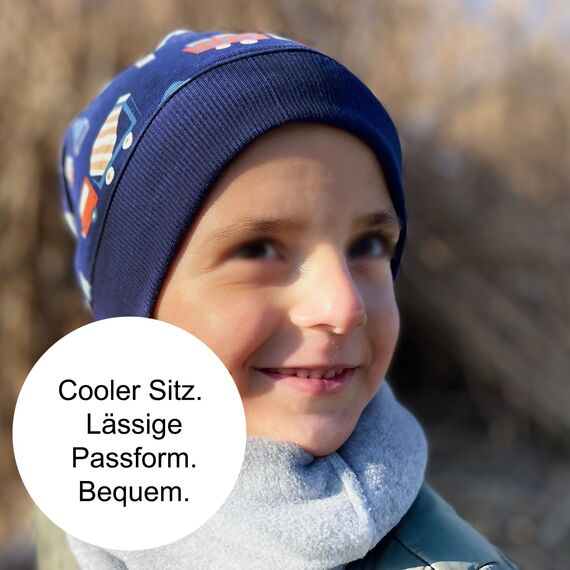 Wollhuhn ÖKO Leichte Mädchen/Jungen Beanie-Mütze Bündchen Elastisch Übergangszeit/Sommer Kinder-Mütze Baumwolle (Öko-Stoffe, Bio) 22222235 (Coole Dinos Blau/Grau, M)