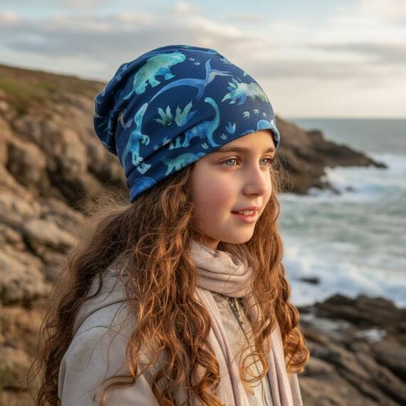 Wollhuhn Kinder Beanie – Zweilagige Longbeanie aus Jersey, wendbar & weich – innen grau – Handmade in Deutschland – ganzjährig (DE/NL/SE/PL, Numerisch, 52, 54, Dinos Blau/Grün)