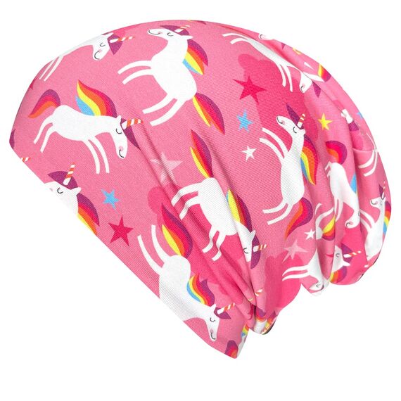 Wollhuhn Kinder Beanie – Zweilagige Longbeanie aus Jersey, wendbar & weich – innen grau – Handmade in Deutschland – ganzjährig (DE/NL/SE/PL, Numerisch, 52, 54, Happy Unicorn/Einhörner Pink/Rosa)