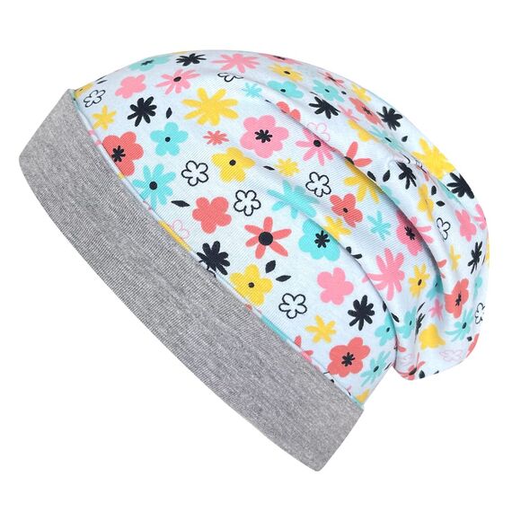 Wollhuhn ÖKO Jungen/Mädchen Bequeme Weiche Long Beanie/Mütze/Kinder-Mütze Jersey Gefüttert (Öko-Stoffe/Bio) 20220620 (Blümchen Hellblau, M)