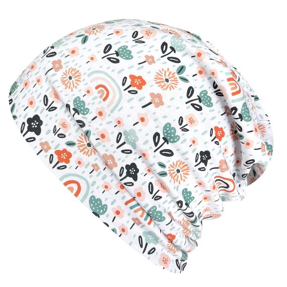Wollhuhn ÖKO Jungen/Mädchen Bequeme Weiche Long Beanie/Mütze/Beanie-Mütze/Strickmütze/Kindermütze Jersey Gefüttert Übergangszeiten (Öko-Stoffe/Bio)… (Blümchen Weiß-Pastell, M)